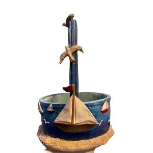One of a Kind Nautical Decorative Basket Small Blue Lighthouse Sailboat Resin